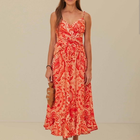 Farm Rio Jaipur Crossed Over Maxi Floral Red Maxi Dress Cruise Resort Wear XL - Picture 1 of 10